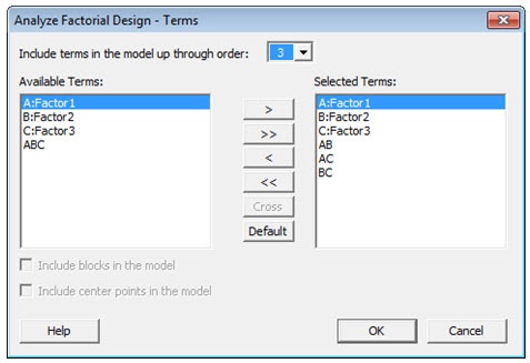 Attribute DOE Analyze Factorial Design Terms Dialog